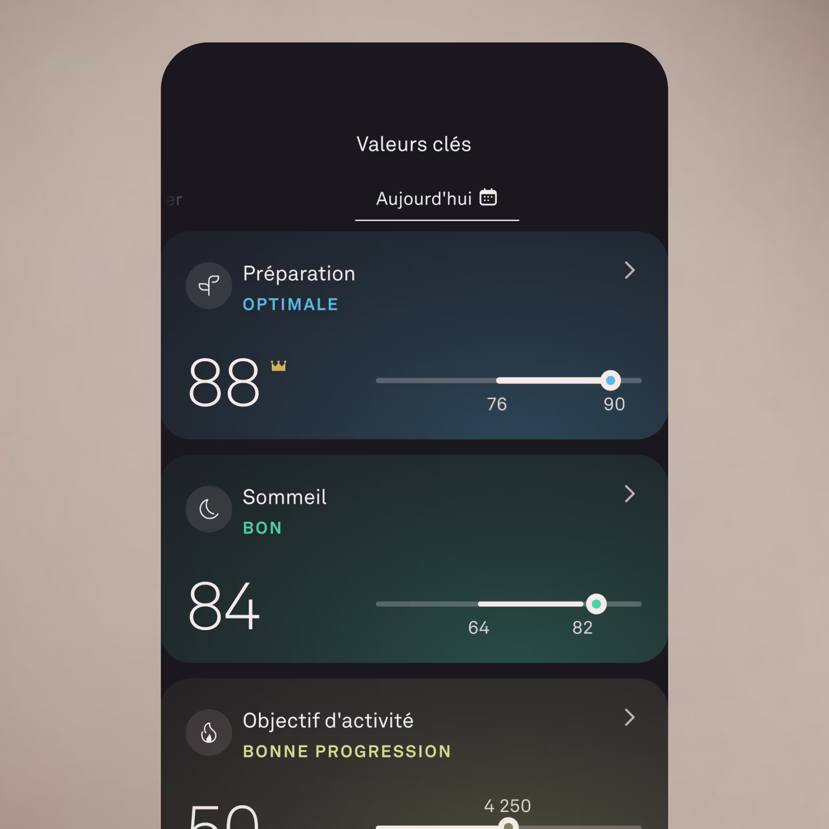 Capture de l'écran Valeurs clés dans l'application KEORA, affichant les scores de préparation, de sommeil et d'activité