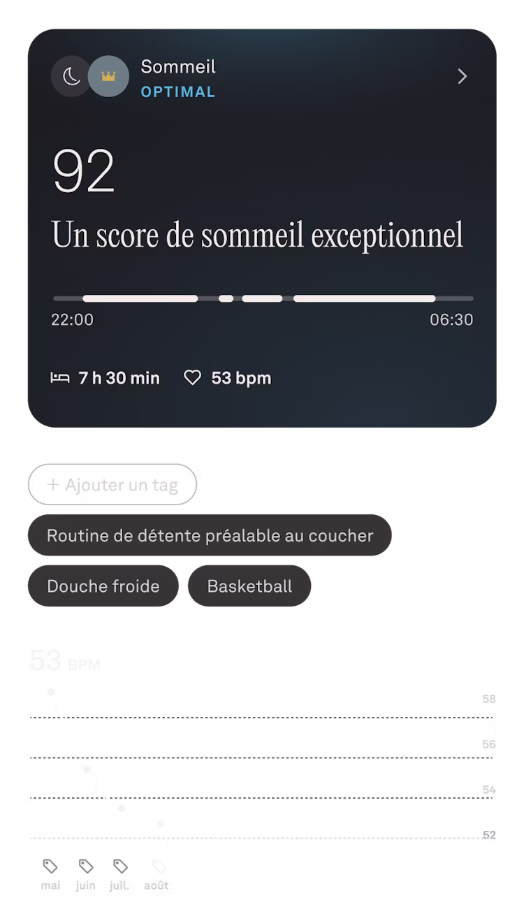 Image des données de sommeil en août dans l'application KEORA Ring