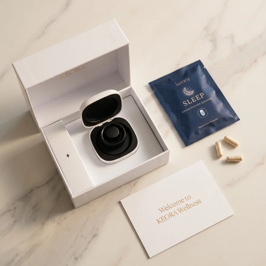 KEORA Box geöffnet mit dem Ring, einem Beutel und der Willkommenskarte