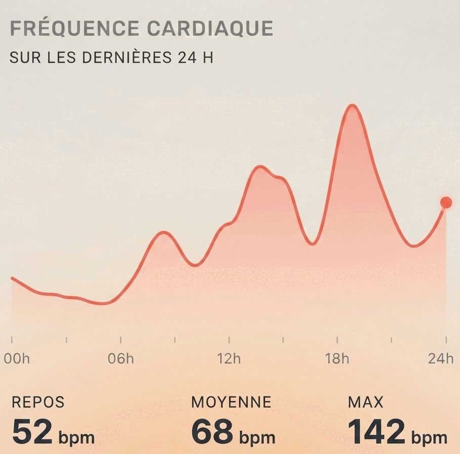 Image des données de surveillance de la fréquence cardiaque 24&nbsp;h/24, 7&nbsp;j/7 dans l'application KEORA Ring